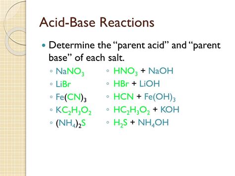 The reaction of an acid and a base is called a neutralization reaction. . Is nano3 an acid or base